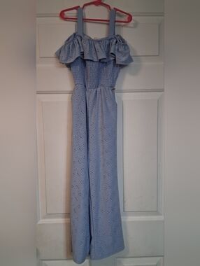 Tahari Girl Light Blue Smocked Eyelet Girls One-Piece Jumpsuit Pull On Jumper 7